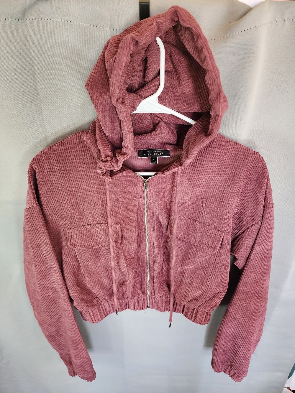 Blue Blush Rose Pink Corduroy Hooded Bomber Jacket